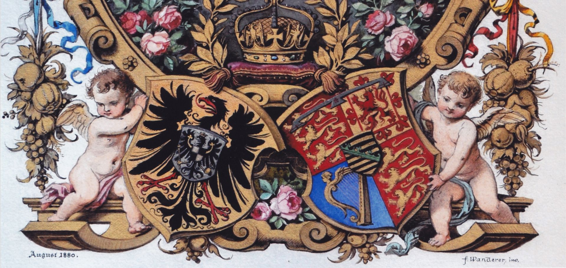 Title page of a splendid binding links Wappenschild mit dem preußischen Reichsadler / rechts Wappenschild der Victoria von Großbritannien (älteste Tochter von Queen Victoria)