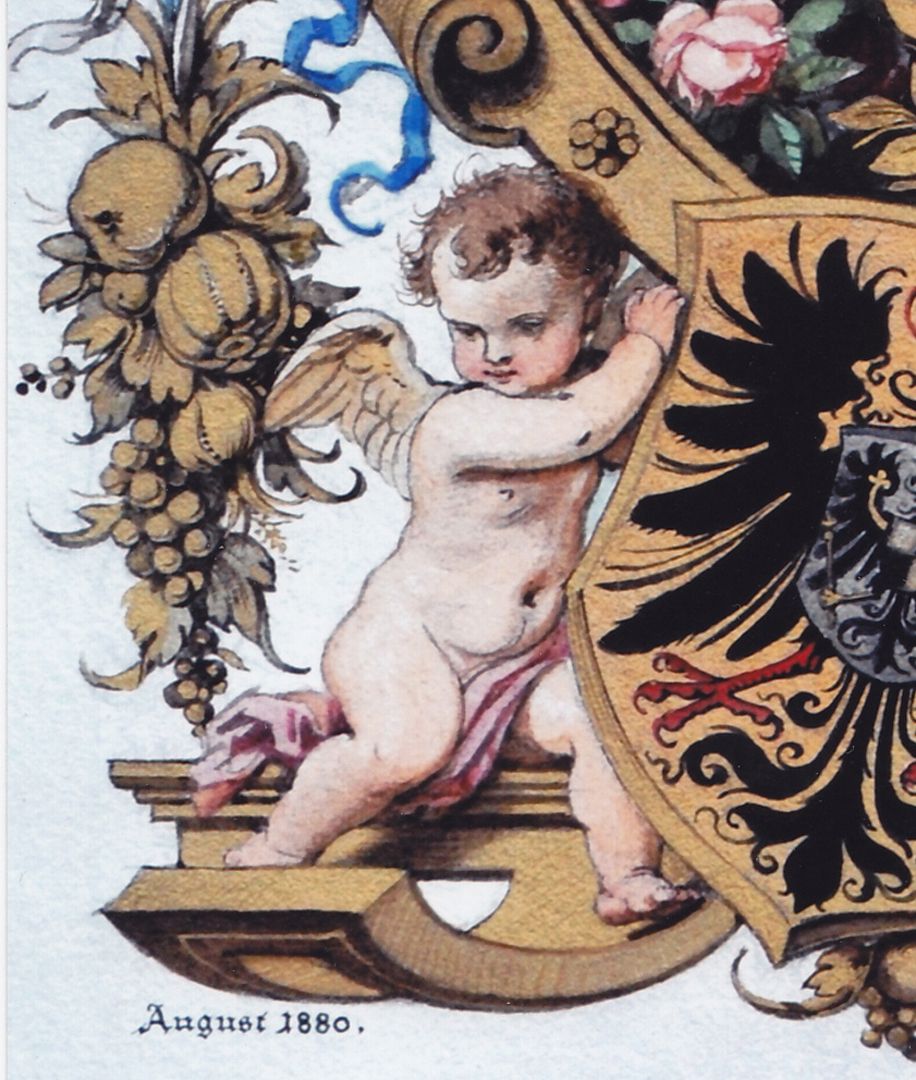 Title page of a splendid binding left lower corner with putto and date