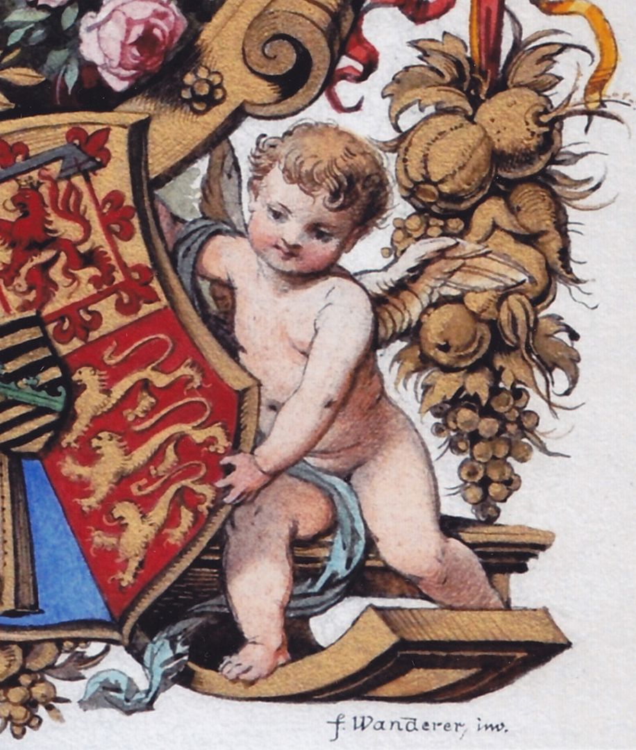 Title page of a splendid binding right lower corner with putto and artists signature