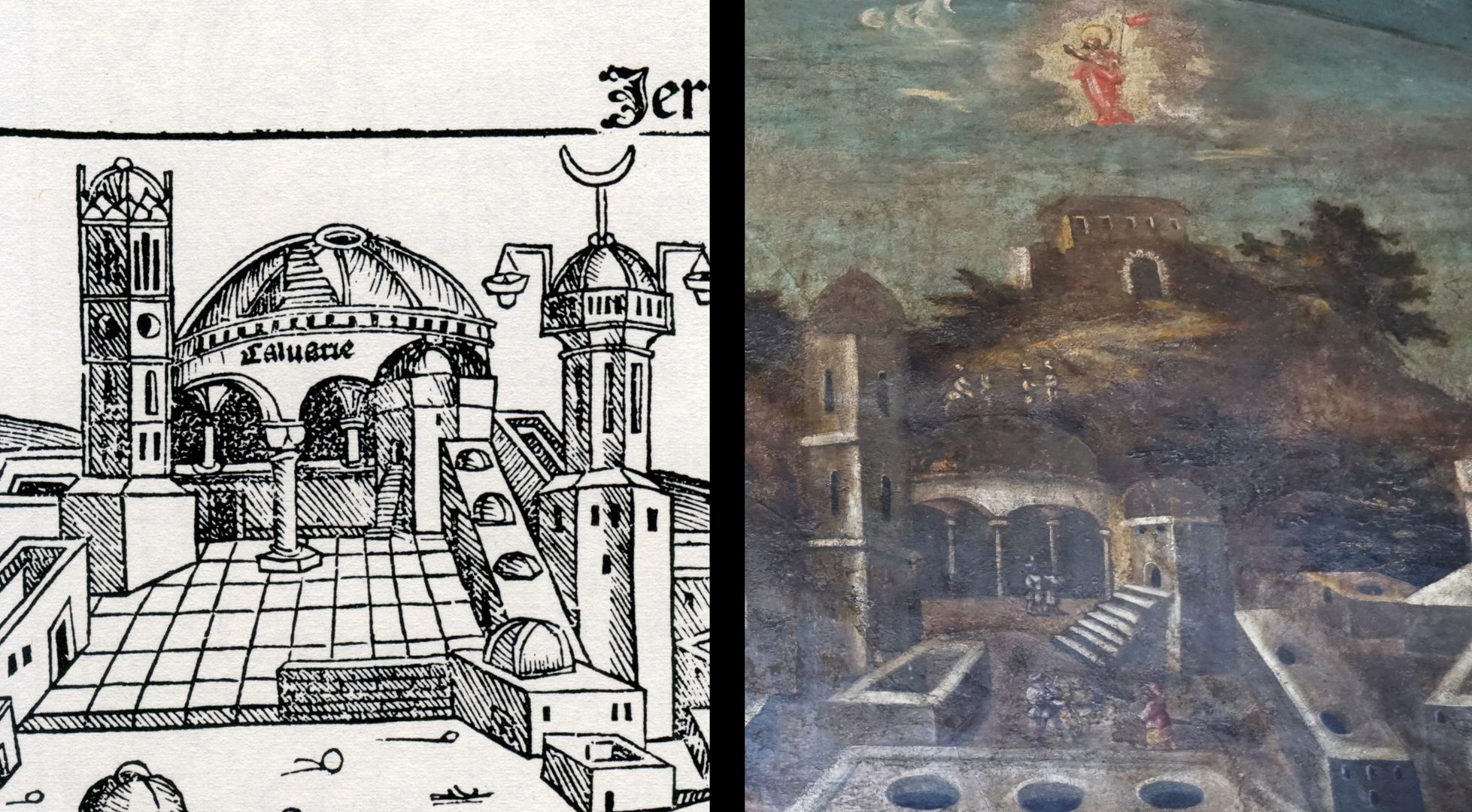 Wandmalerei der Grablegung Bildvergleich: links aus der Schedelschen Weltchronik (1493), Jerusalems Zerstörung