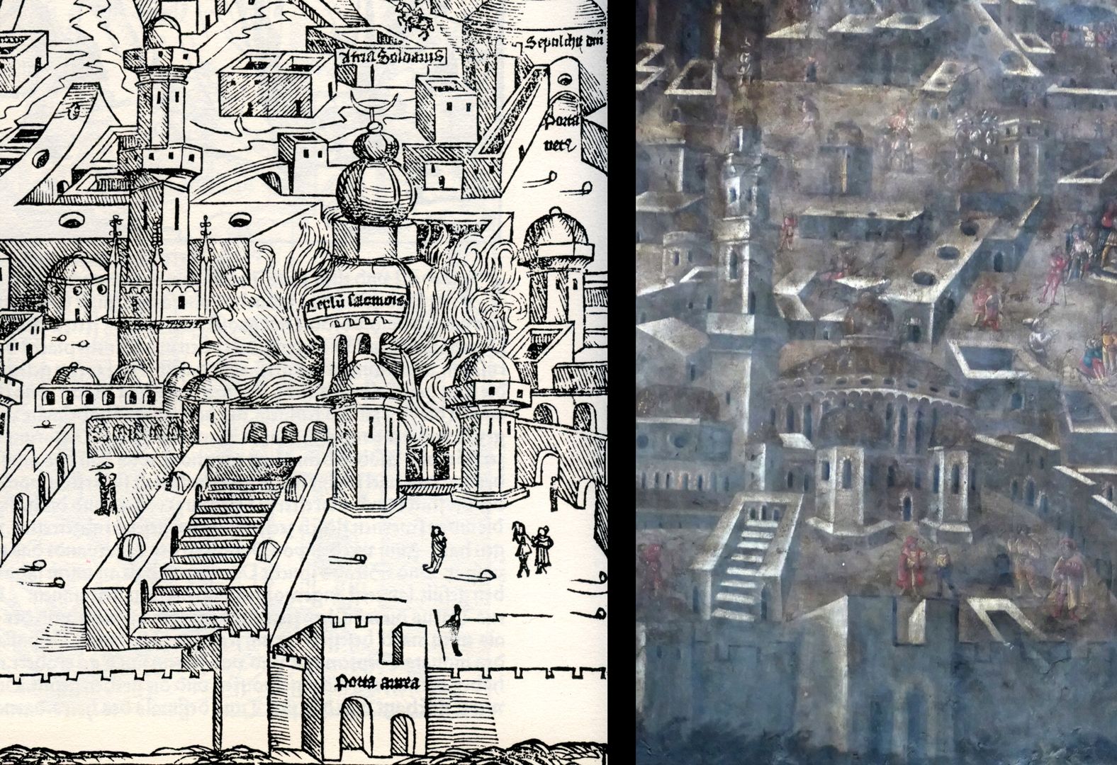 Wandmalerei der Grablegung Bildvergleich: links aus der Schedelschen Weltchronik (1493), Jerusalems Zerstörung, Tempel Salomons