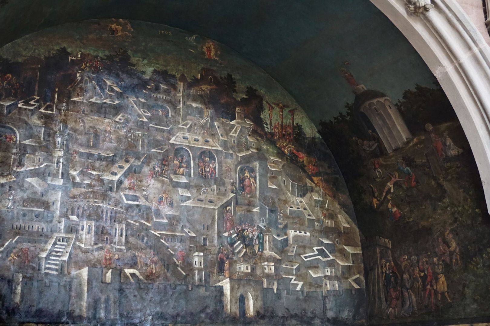 Wandmalerei der Grablegung rechte Wandpartie der Nische mit Szenen aus der Leidensgeschichte Christi: Christus vor Pilatus, Geißelung, Verspottung und Ecce homo