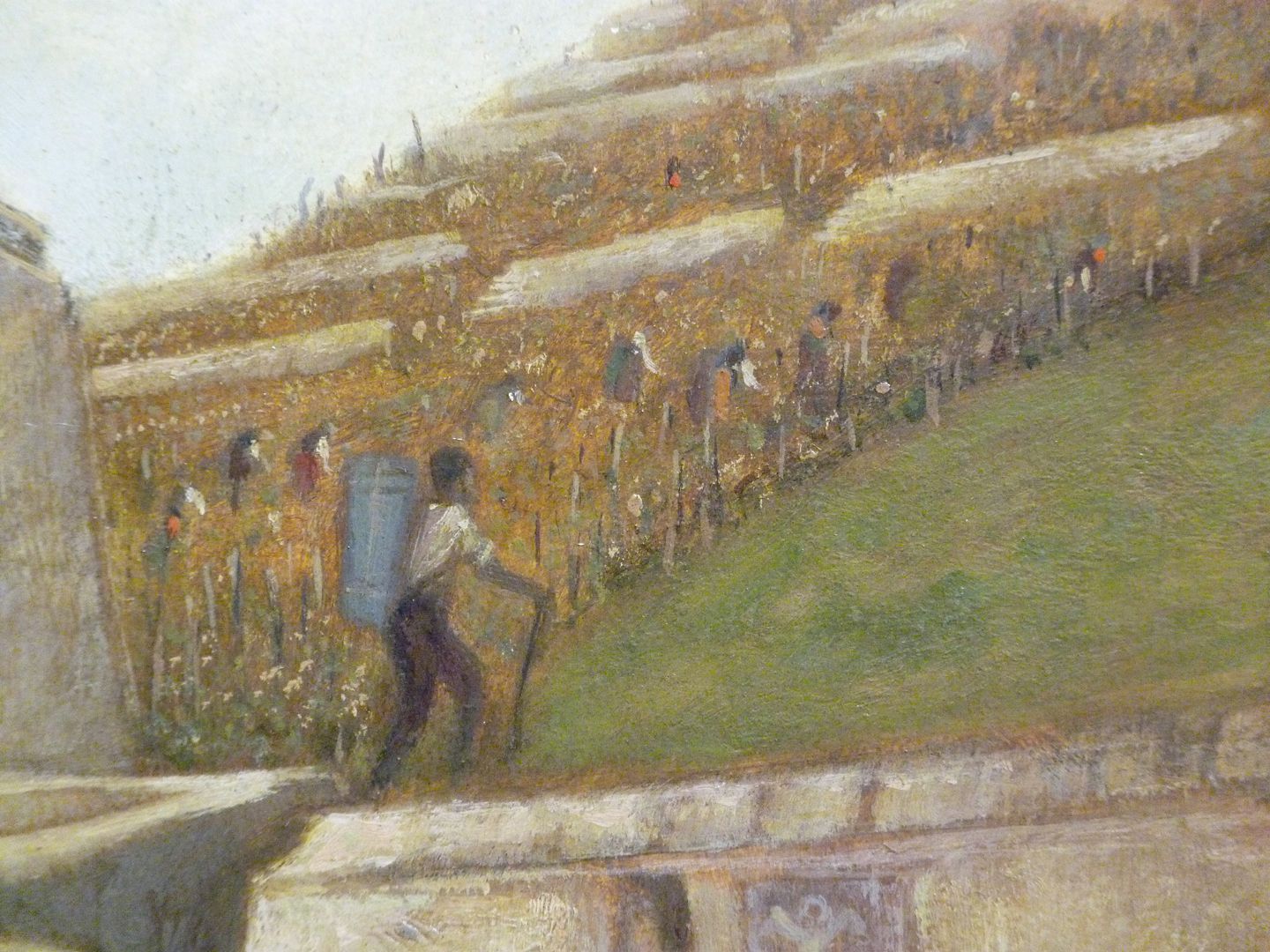 Grape harvest near Würzburg Image detail, upper right half of the image, grape harvest on the mountain