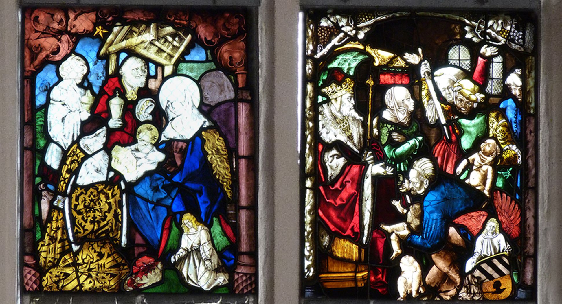 St. Bartholomäus, Chorfenster n II Dritte Zeile, von links nach rechts: Anbetung der Könige und Kindermord zu Bethlehem