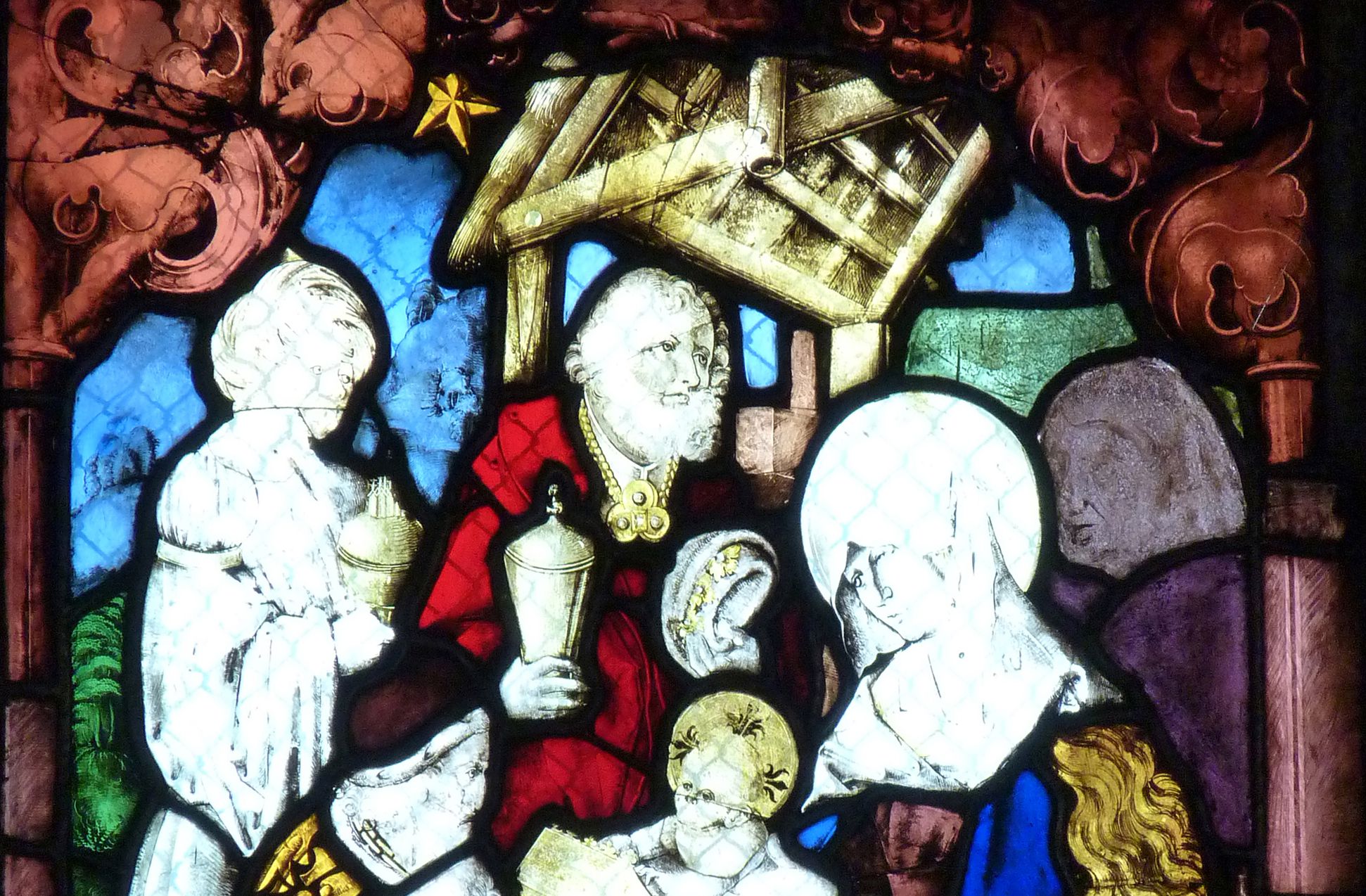 St. Bartholomäus, Chorfenster n II Dritte Zeile, Fenster a, Anbetung der Könige, Detail der oberen Bildhälfte