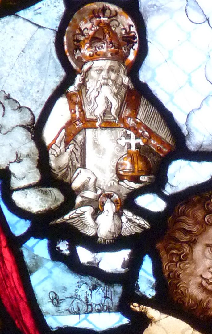 St. Bartholomäus, Chorfenster n II Vierte Zeile, Fenster a, Detail mit Gott Vater und Heiligen Geist