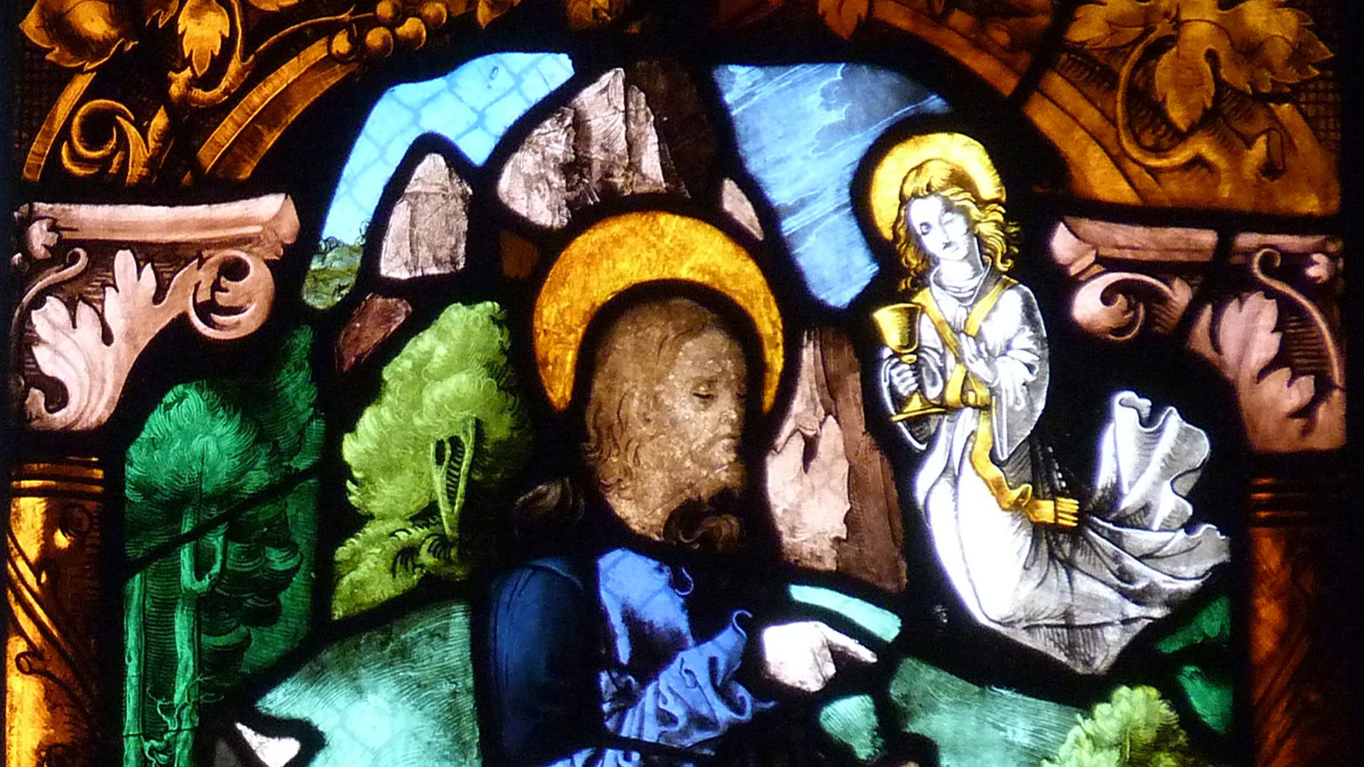 St. Bartholomäus, Chorfenster n II Fünfte Zeile, Fenster b, Jesus am Ölberg, obere Bildhälfte
