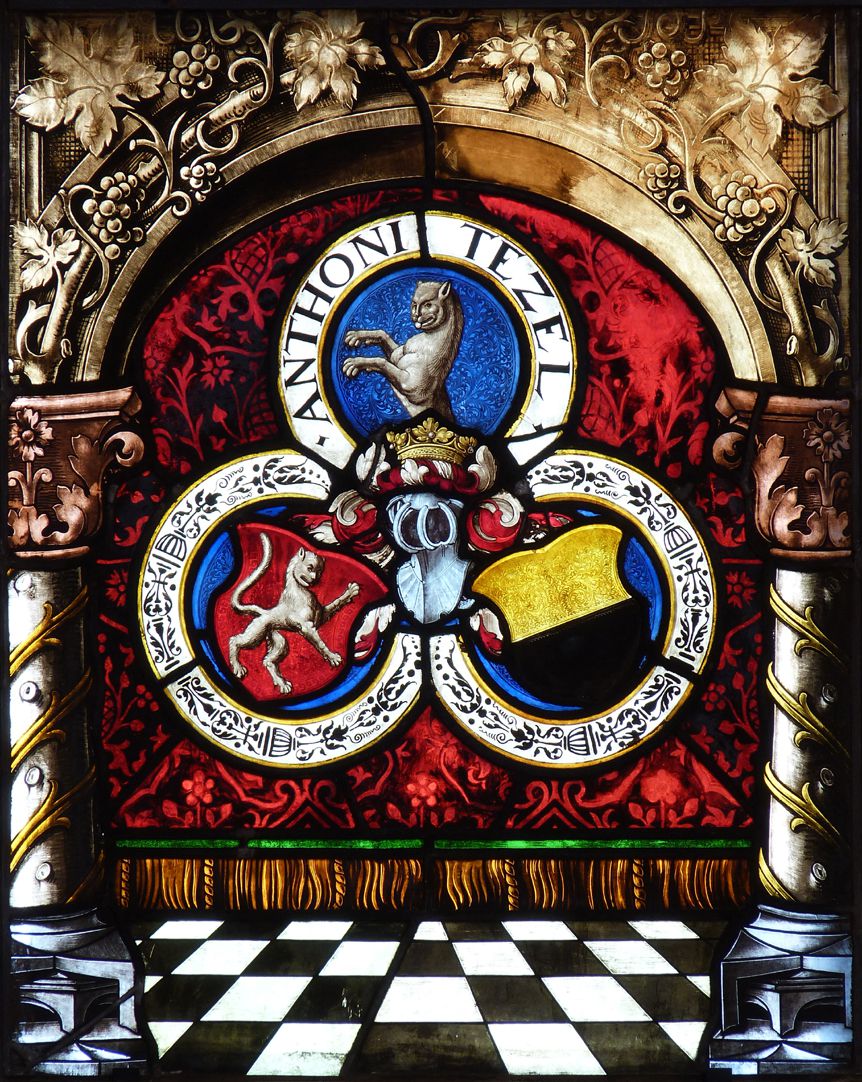 St. Bartholomäus, Chorfenster n II Erste Zeile, Fenster b, Beischild Pfinzing und Umschrift Anthoni Tetzel