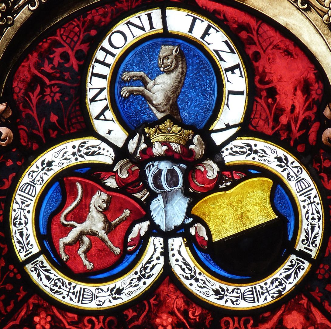 St. Bartholomäus, Chorfenster n II Erste Zeile, Fenster b, Beischild Pfinzing und Umschrift Anthoni Tetzel, Detail