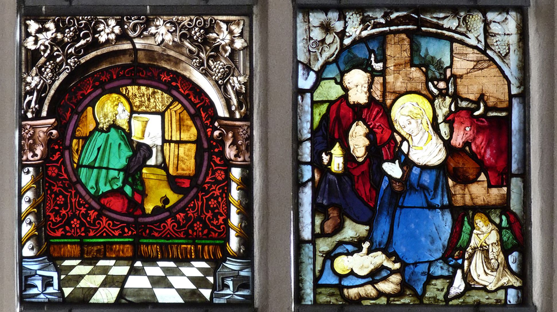St. Bartholomäus, Chorfenster n II Zweite Zeile, von links nach rechts: Der Ev. Johannes und die Geburt Christi
