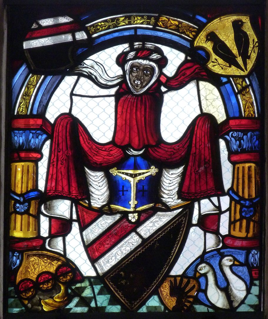 St. Bartholomäus, Chorfenster n III Wappen des Bartholomäus Pömer mit Wappenkranz Pömer, Schmidmayr, Rummel und Bergmeister mit Beischild Flück