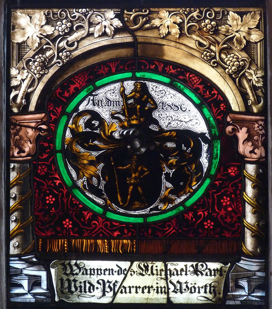 St. Bartholomäus, Chorfenster n III Wappen des Michael Karl Wild, Pfarrer in Wöhrd, 1886