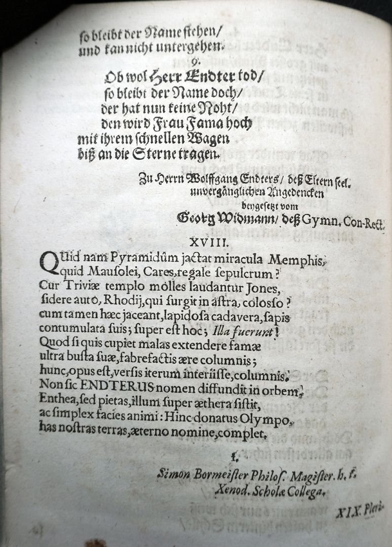 Christian funeral sermon XVII poem by Georg Widmann (1612-1686), vice principal of the grammar school in Nuremberg and XVIII Simon Bormeister (Bornmeister, Burmeister, 1632-1688), schoolman, song writer