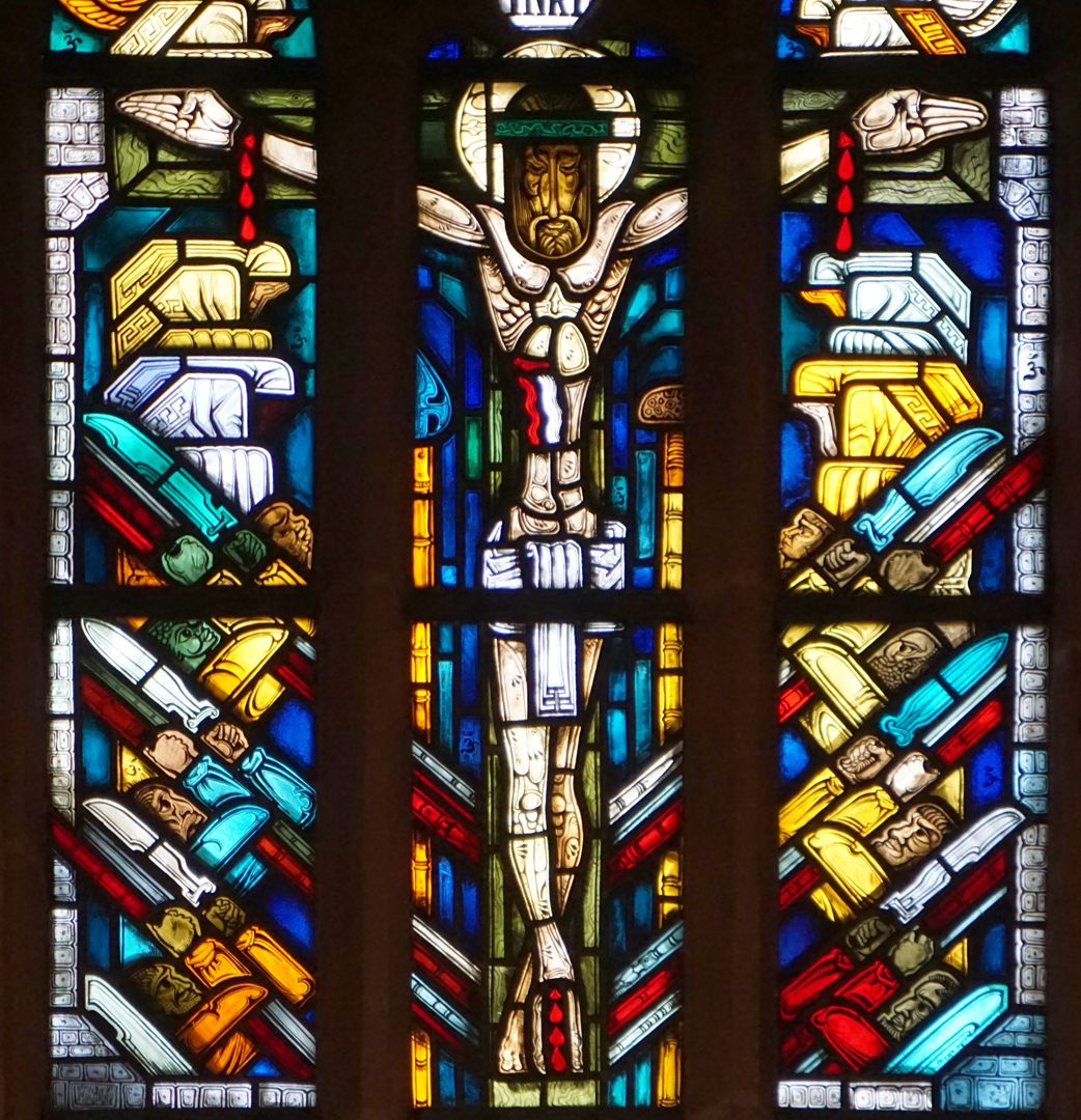 East window in the choir of St Nicholas and St Ulrich Main scene with the crucified