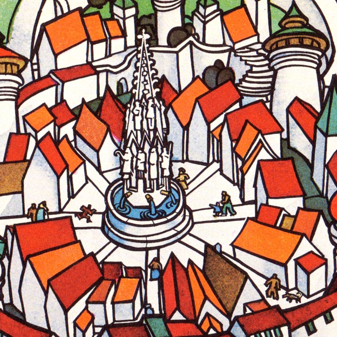 Kunstpostkarte „historisches Nürnberg“ Schöner Brunnen im Mittelpunkt