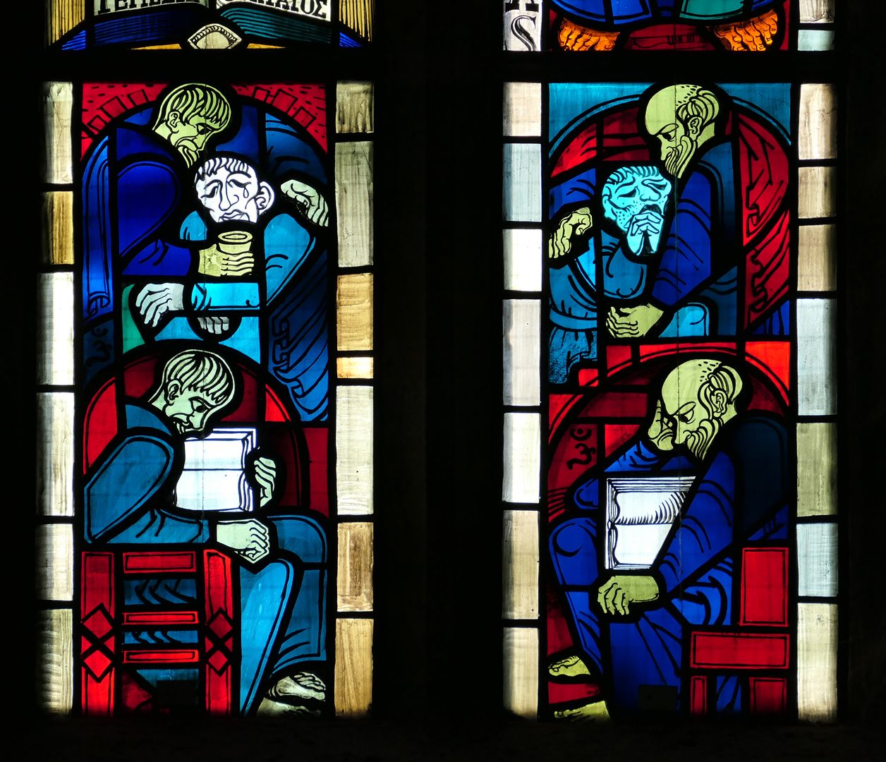 Evangelistenfenster / Lucas Lektüre des Evangeliums (unten) / Hilfe an Bedürftigen mit Trank und Trost (oben)