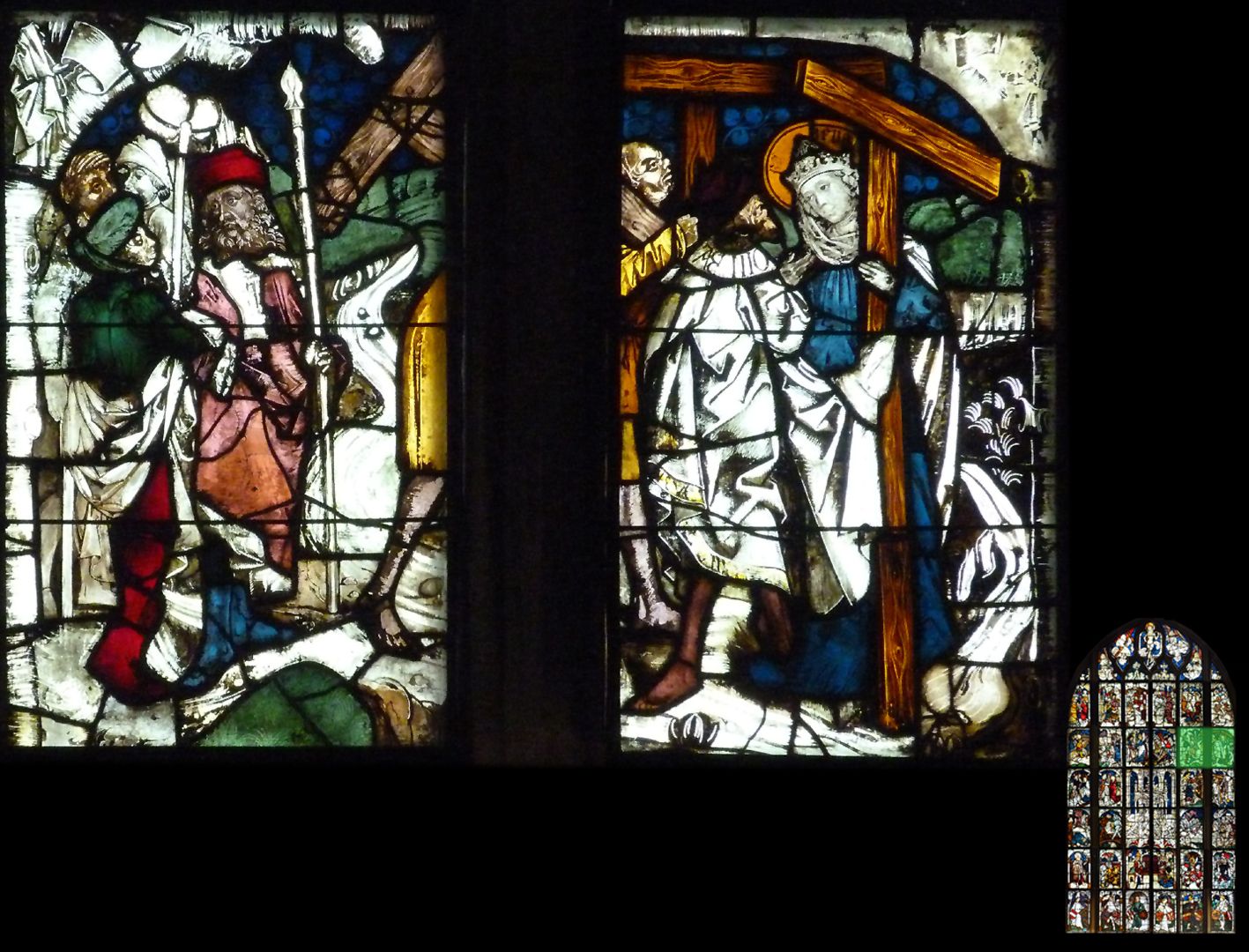 Imperial window Handing over the cross to Empress Helena, on the left two bearers with the holy lance and the staff with the vinegar sponge.