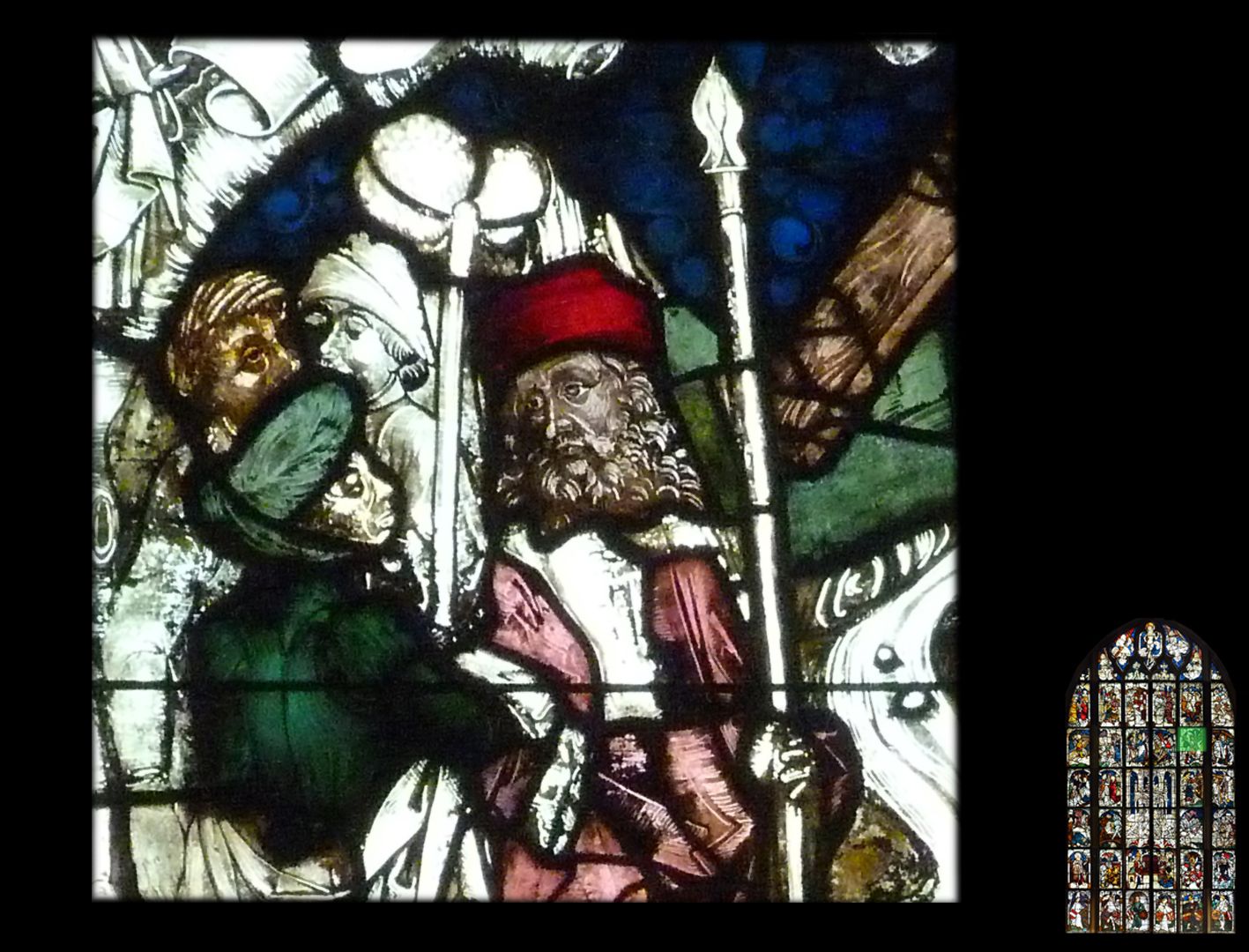 Imperial window Handing over the cross to Empress Helena, detail with the bearers of the staff with the vinegar sponge and the holy lance.