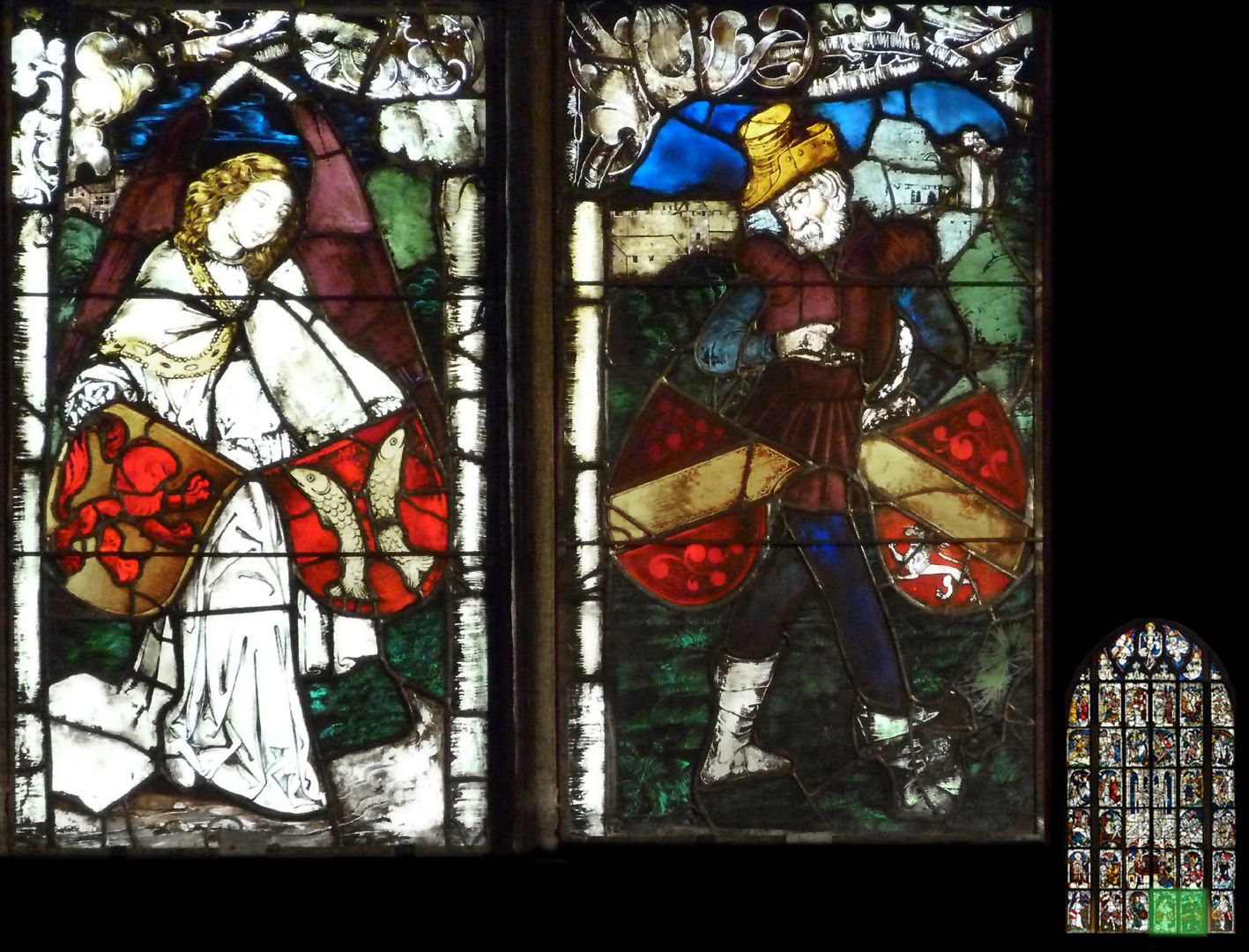 Imperial window Angel with the coats of arms of the County of Habsburg and the County of Pfirt, right: Squire with the coats of arms of the Landgraviate of Alsace and the County of Kyburg