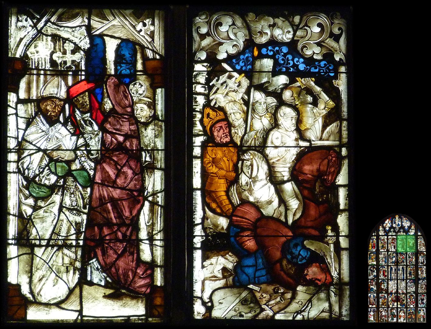 Imperial window On the left ecclesiastical dignitaries of the baptism scene, on the right victorious battle at the Milvian Bridge in 312