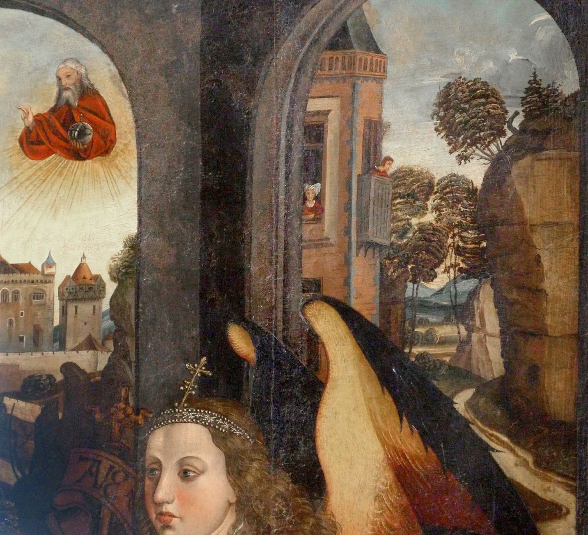 Ranking Table and Annunciation Angel Outer side, upper third, detail with God the Father and balcony scene